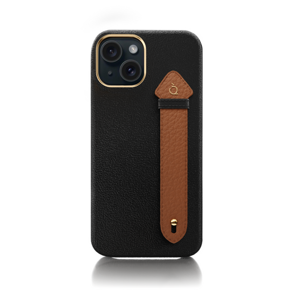 V2 iPhone 15 Plus Side Strap case Camel Leather