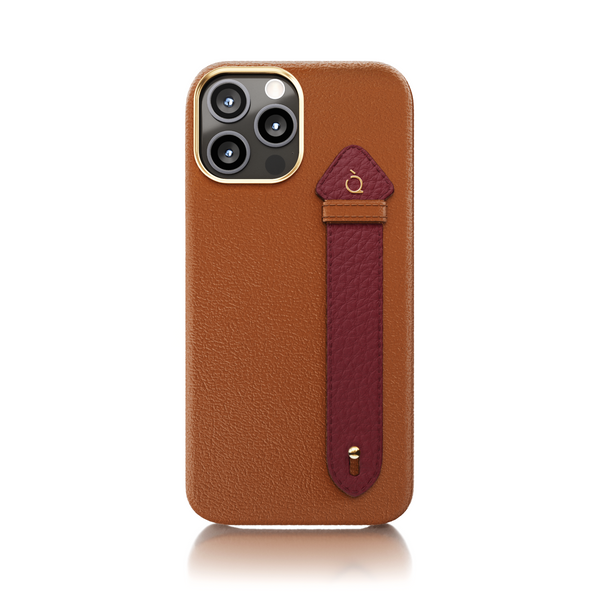 V2 iPhone 14 Pro Side Strap case Camel Leather
