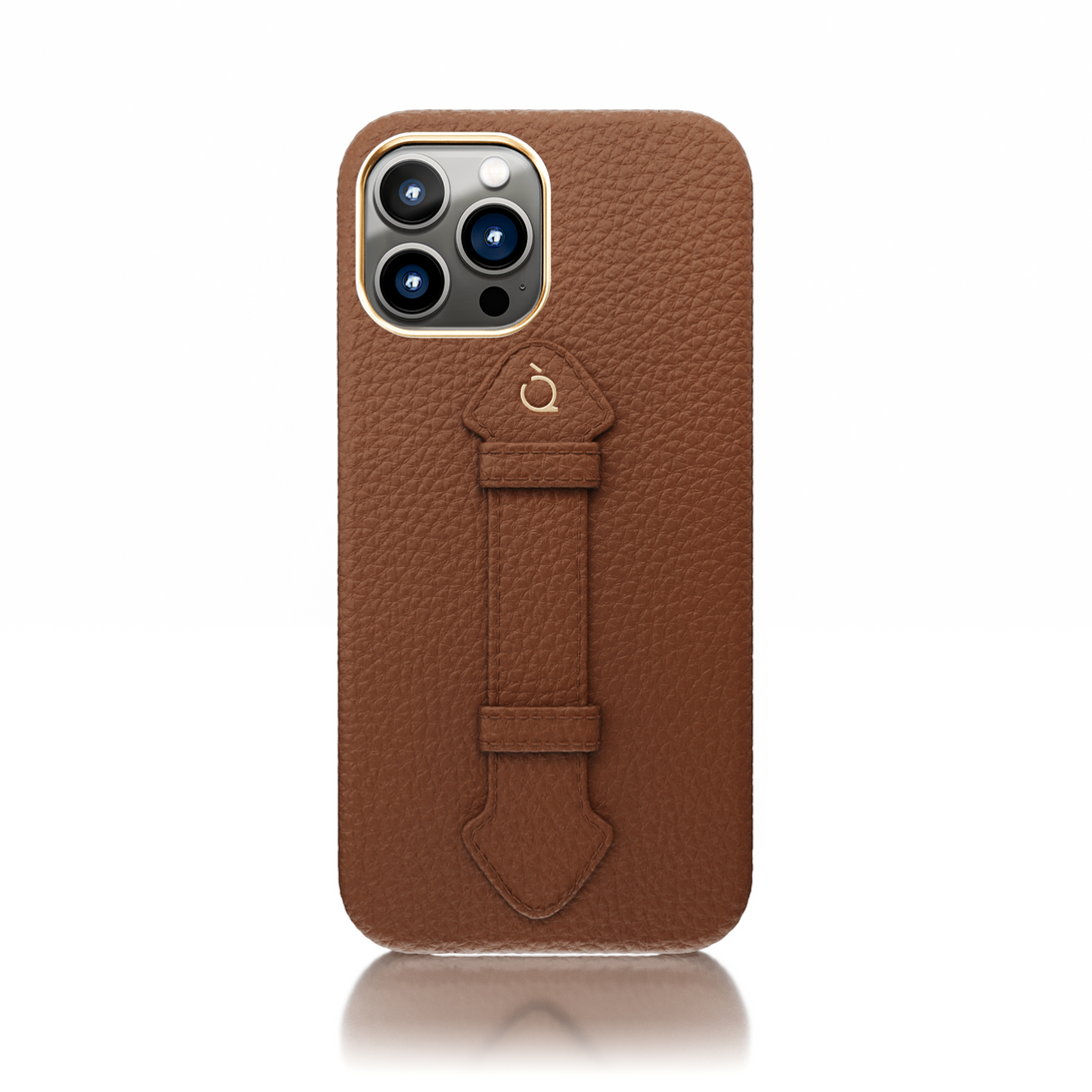 Gold Finger Strap Case for iPhone 14 Pro Max in Genuine Calfskin